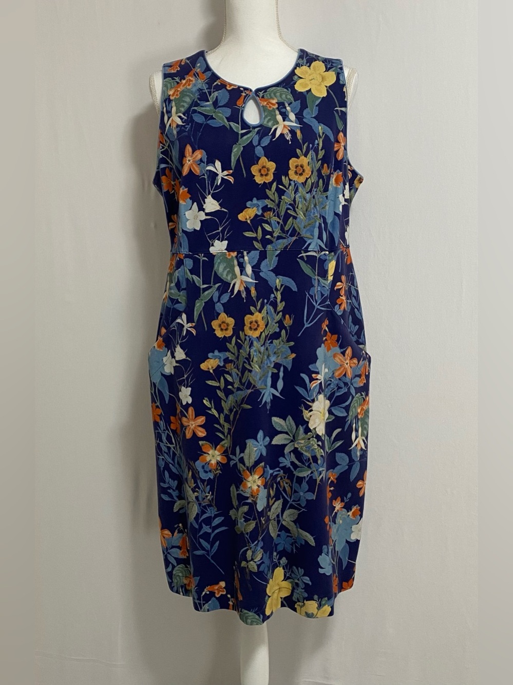 Lands' End Navy Floral Keyhole Midi Dress